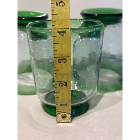 Hand Blown Mexican Glass Green Rim & Base Irregular Drinking Glasses set of 3 - Picture 5 of 9